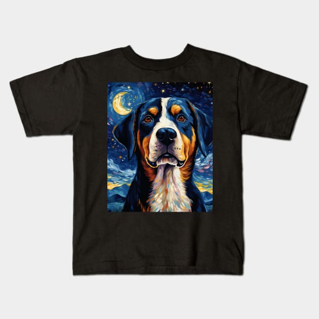 Greater Swiss Mountain Dog Starry Night Kids T-Shirt by NatashaCuteShop